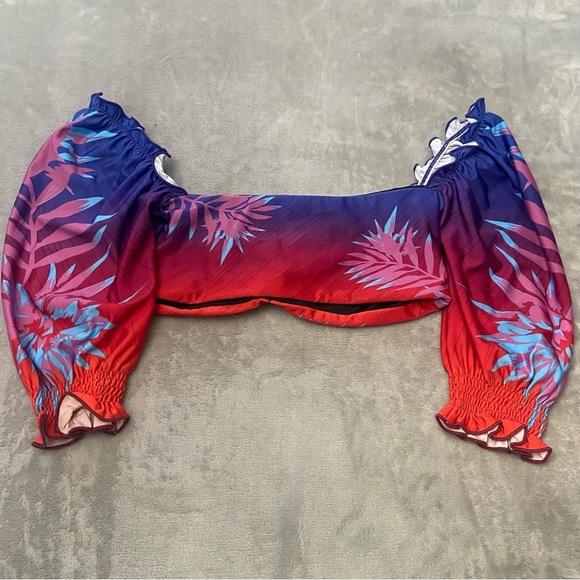 New! BFyne Red Blue Tropical Print Puff Sleeve Bikini Swim Top 10583 - Picture 7 of 8